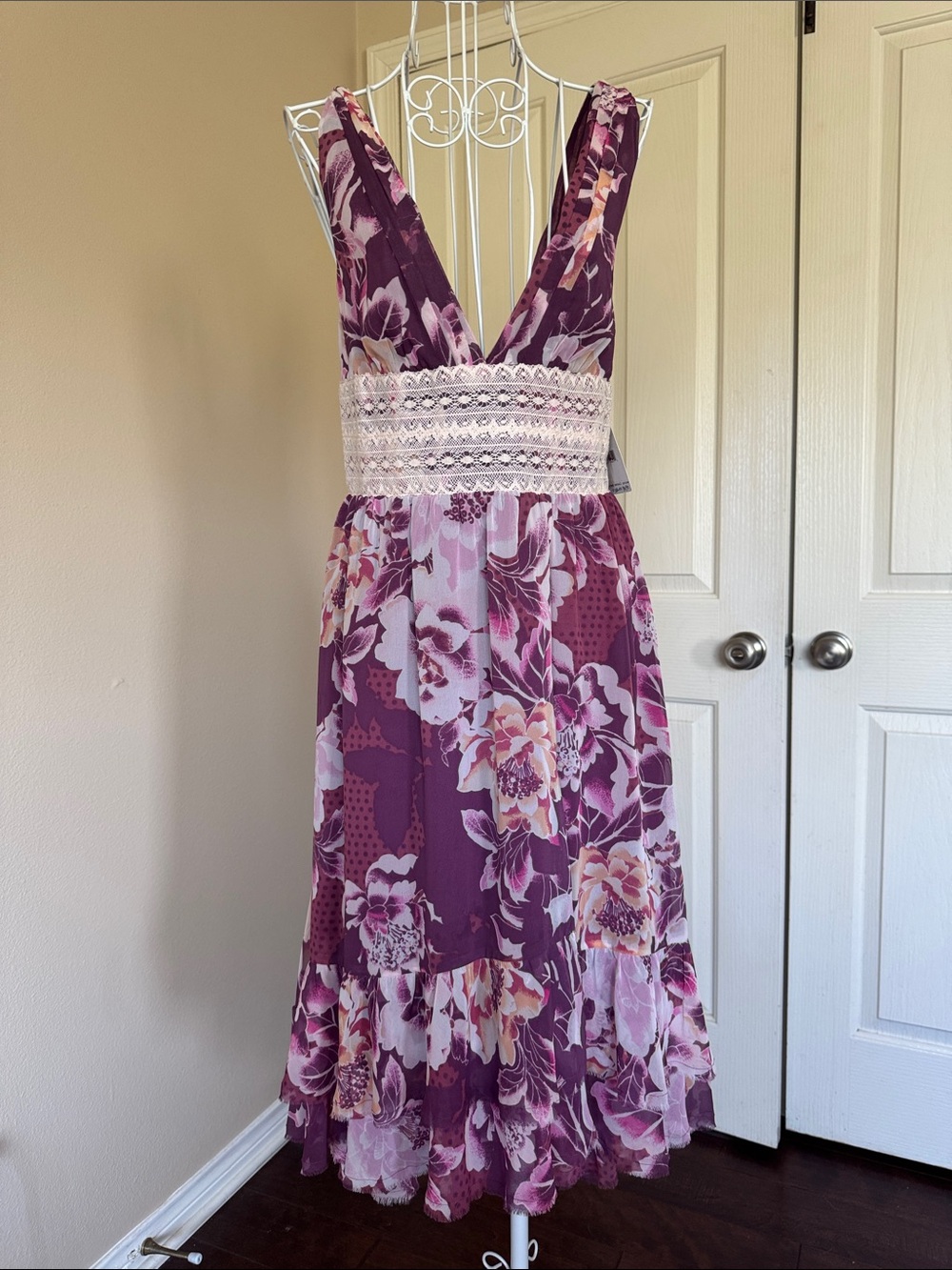 Free People Floral Purple V-Neck Maxi Dress with Crochet Waist